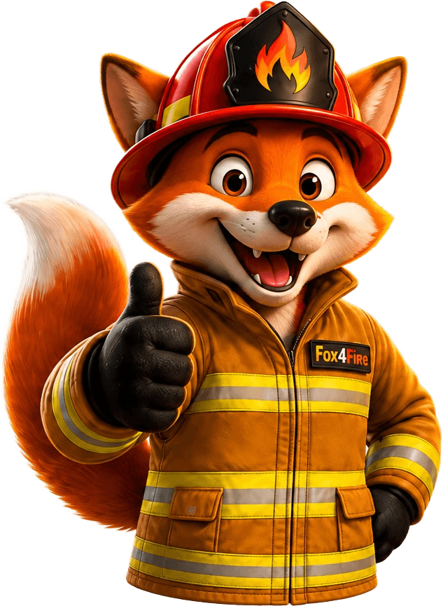 Mascote Fox4Fire — raposa bombeiro fazendo sinal de positivo